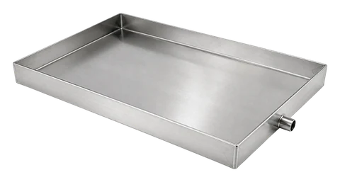 Stainless steel drip tray with turned-up edges and drain spigot (illustration)
