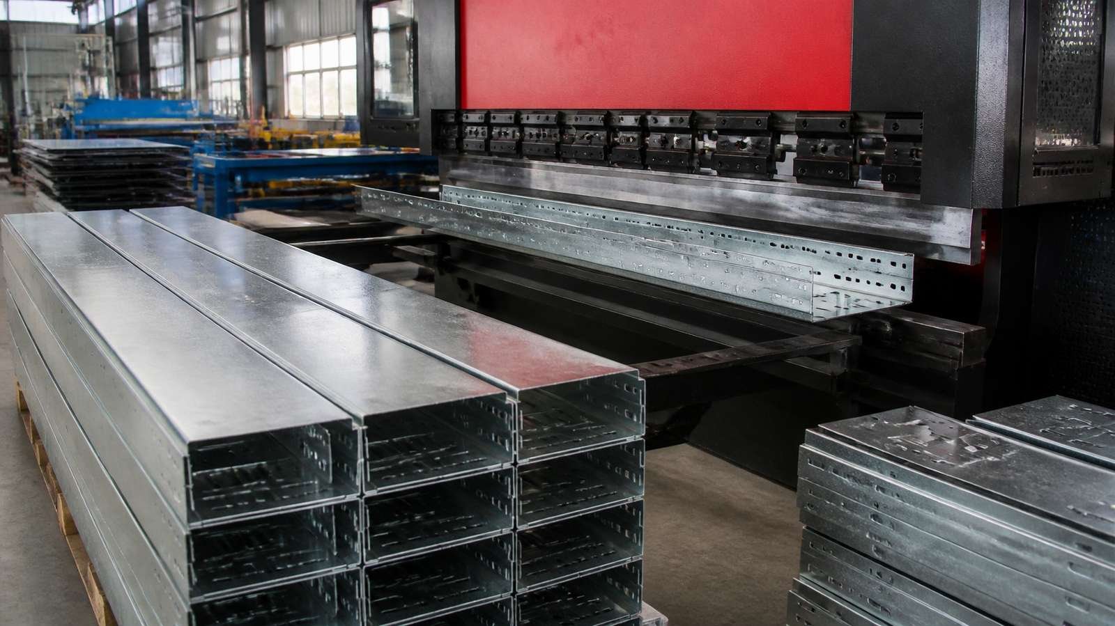 Press brake bending a galvanised cable tray, with finished trays stacked in front (illustration)